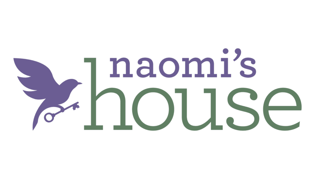 Purple and green logo for the non-profit Noami's House featuring the outline of a bird carrying a key.