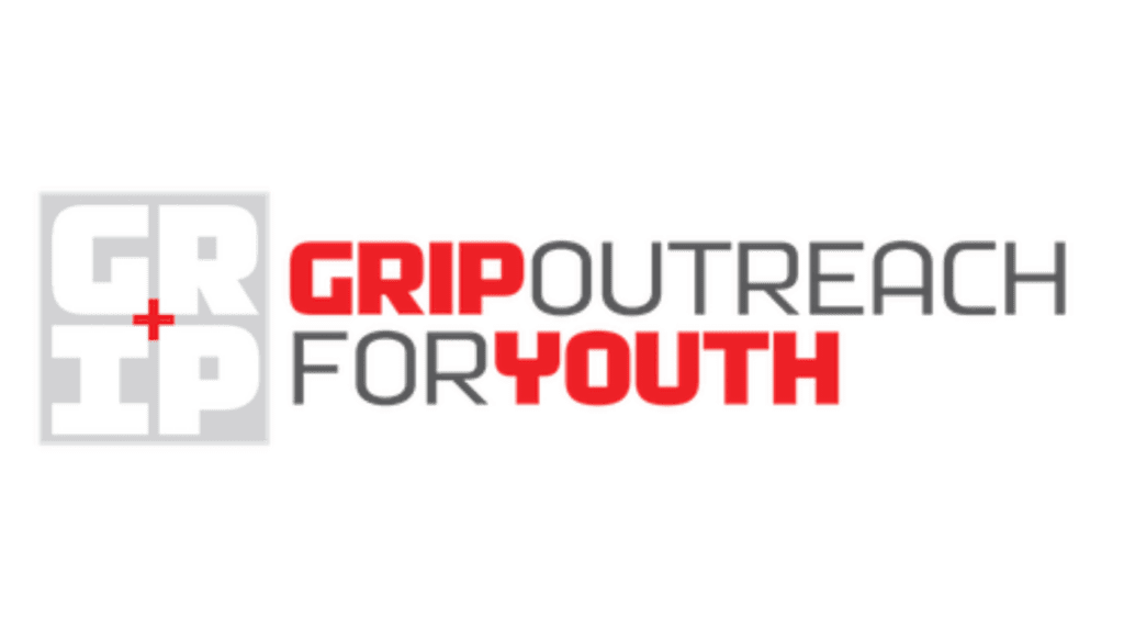 Red, white and grey logo on a grey background for the non-profit GRIP Outreach for Youth.