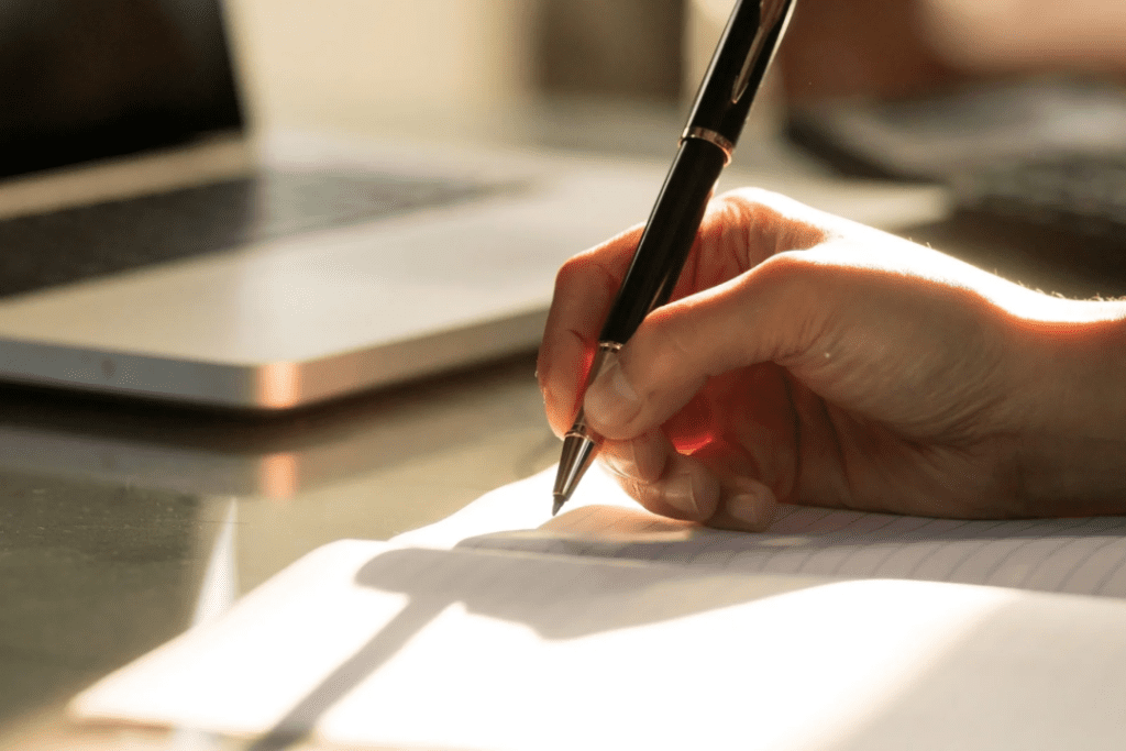 A young man holding a black pen in his right hand, writing, with his laptop in front of him on a grey desk, practicing journaling.