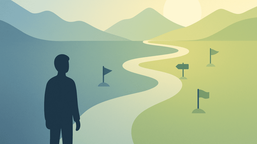 Silhouette of a person at the beginning of a winding path that transitions from blue to yellow with milestone flags, representing the journey through anxiety recovery with treatment goals.