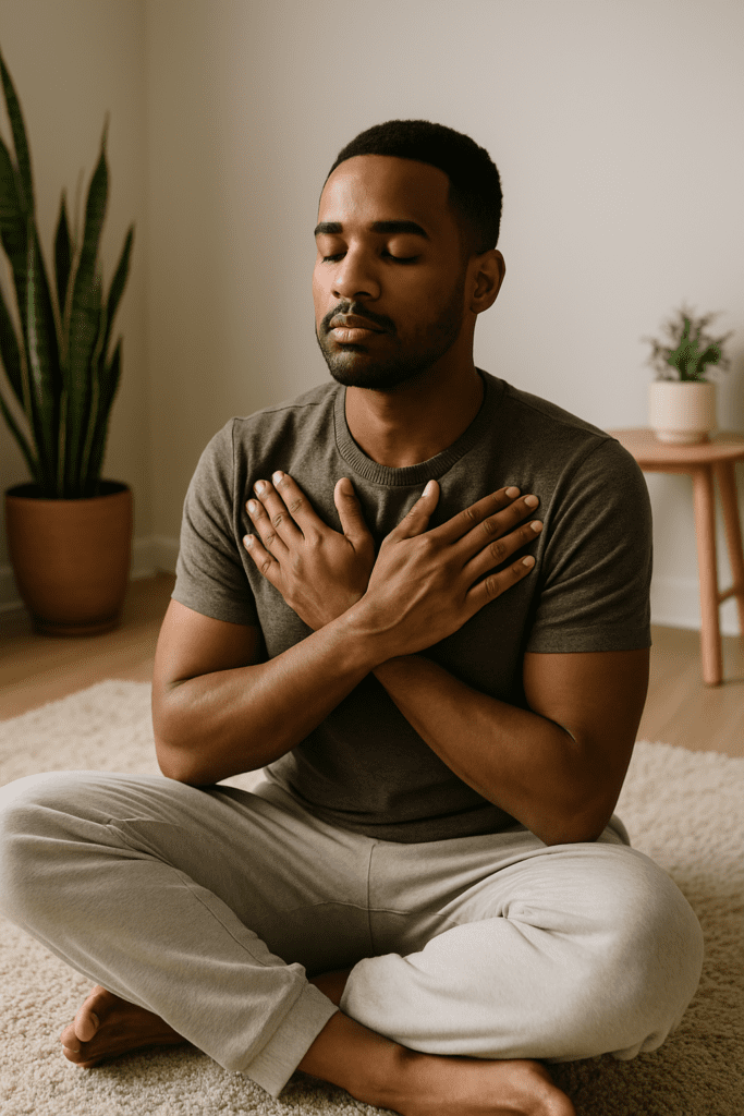 Black man sitting cross-legged on a rug with eyes closed, gently tapping his shoulders in a butterfly tapping motion during a self-administered EMDR session in a calm indoor setting.