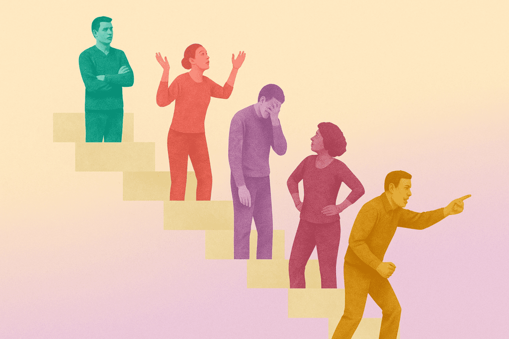 Colored figures on descending staircase showing the progression of narcissistic tactics from denial to blame-shifting.