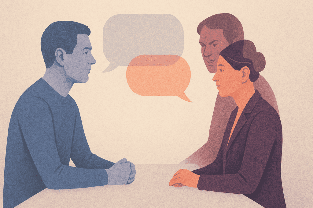 Two people in conversation with empty speech bubbles, representing manipulative communication patterns in narcissistic relationships.