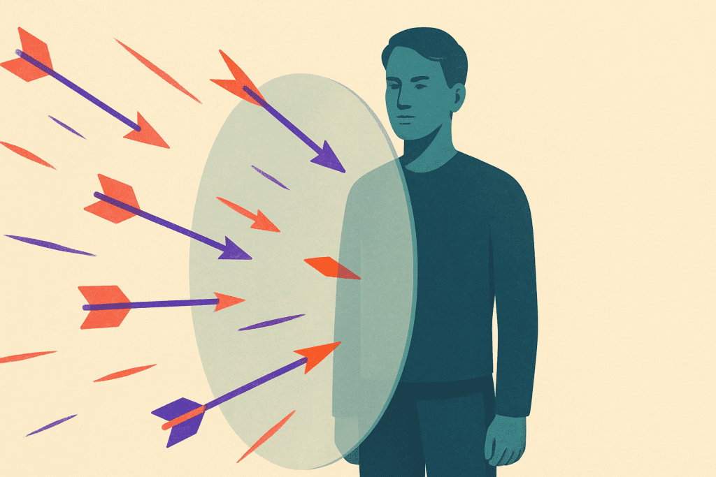 Person protected by shield deflecting arrows, representing boundaries against narcissistic manipulation tactics.
