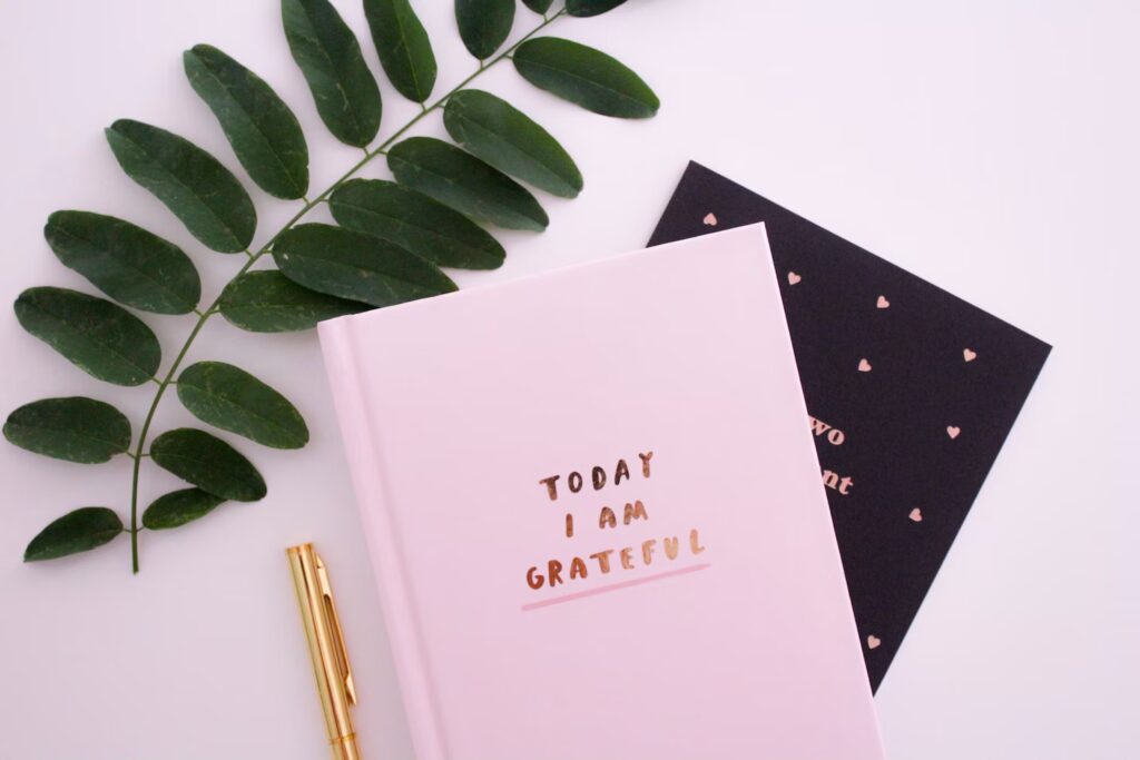 A pink journal engraved with the words, today I am grateful, alongside a gold pen, and green leaf plant.