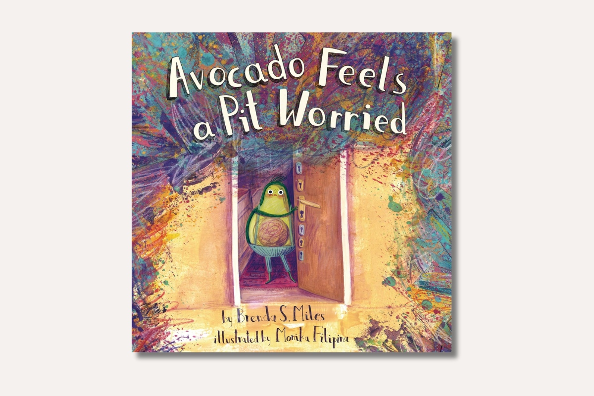 Colorful book cover of "Avocado Feels a Pit Worried" featuring a nervous avocado character standing in a doorway.
