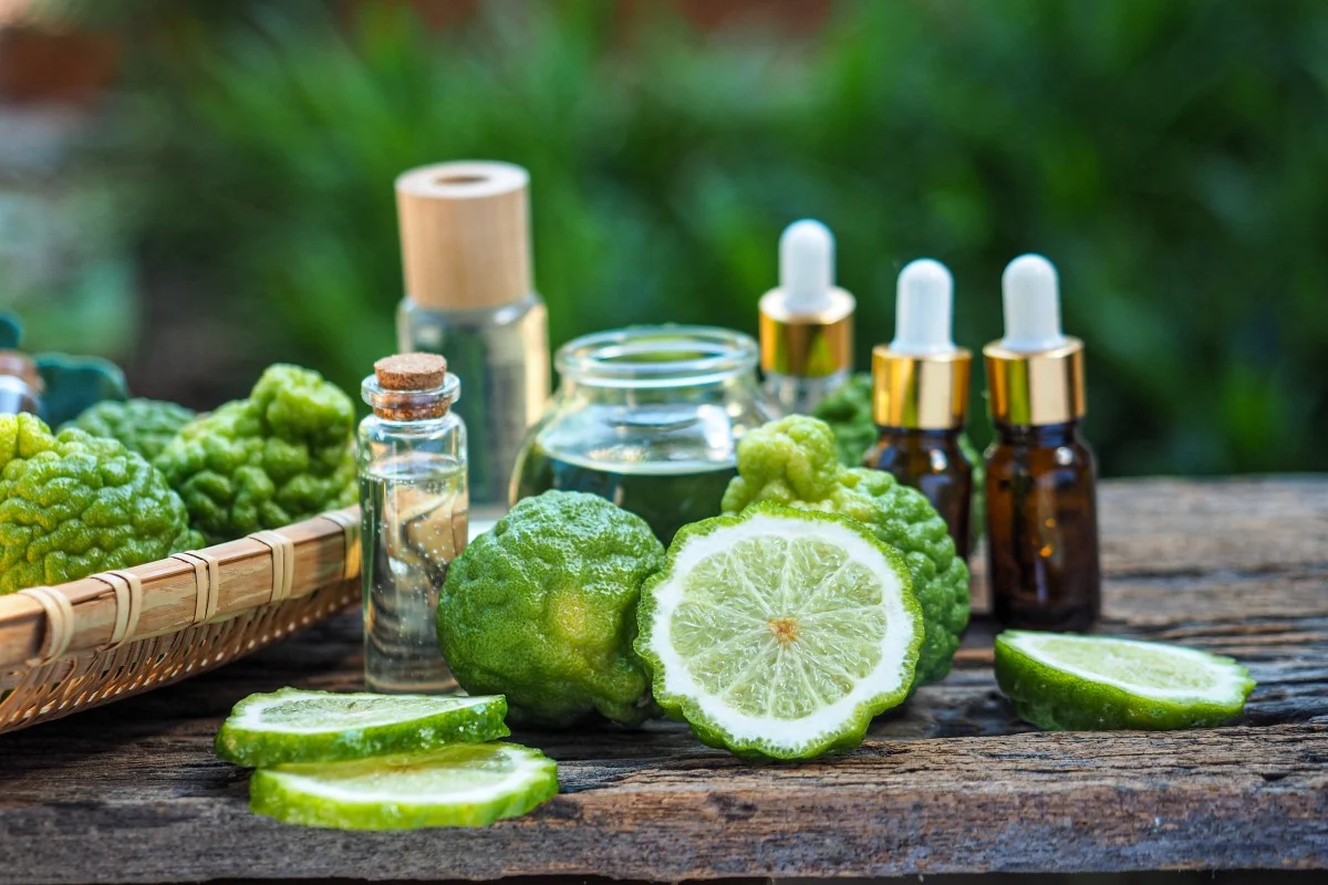 Bergamot essential oil for OCD, fresh citrus slices and glass dropper bottles on rustic outdoor table