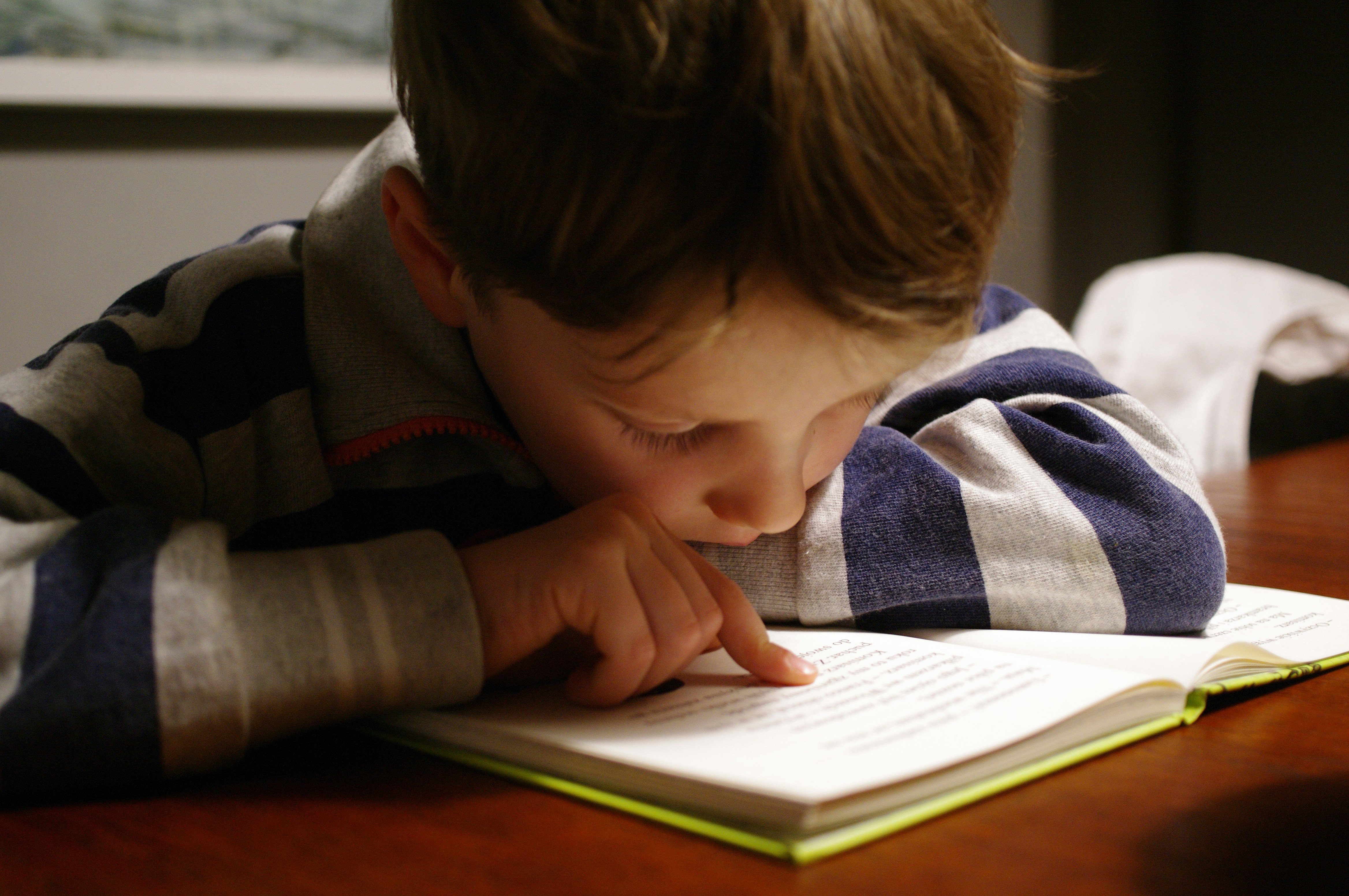 Young boy focusing on a children’s book, learning to manage big feelings through reading.
