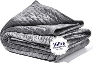 Folded gray weighted blanket, 15 lbs, for twin/single bed, size 48” x 72”, with quilted texture and soft fabric.