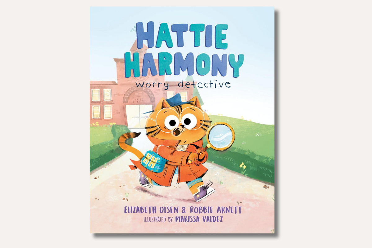 Cover of "Hattie Harmony: Worry Detective" showing a cat in a trench coat holding a magnifying glass in front of a school building.