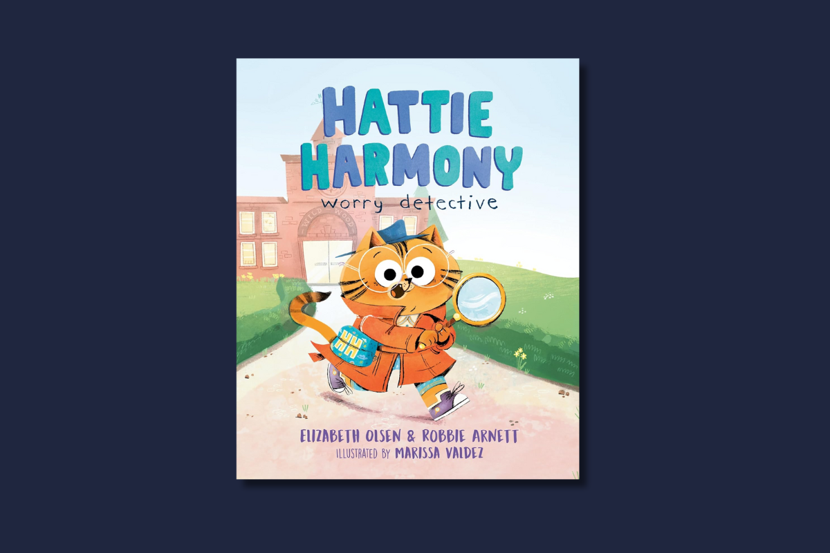 Cover of "Hattie Harmony: Worry Detective" showing a cat in a trench coat holding a magnifying glass in front of a school building.