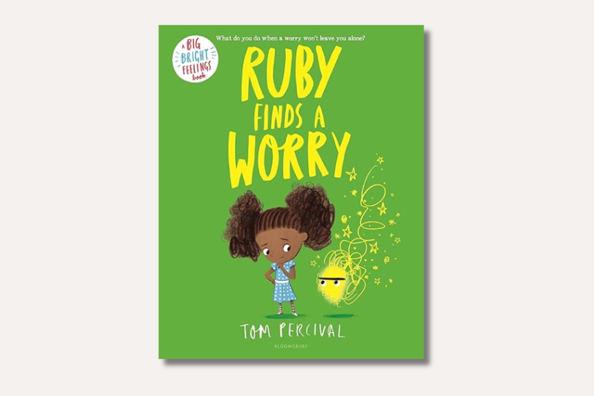 Cover of the children's book ""Ruby Finds a Worry"" by Tom Percival, showing Ruby and a yellow scribble-like worry.