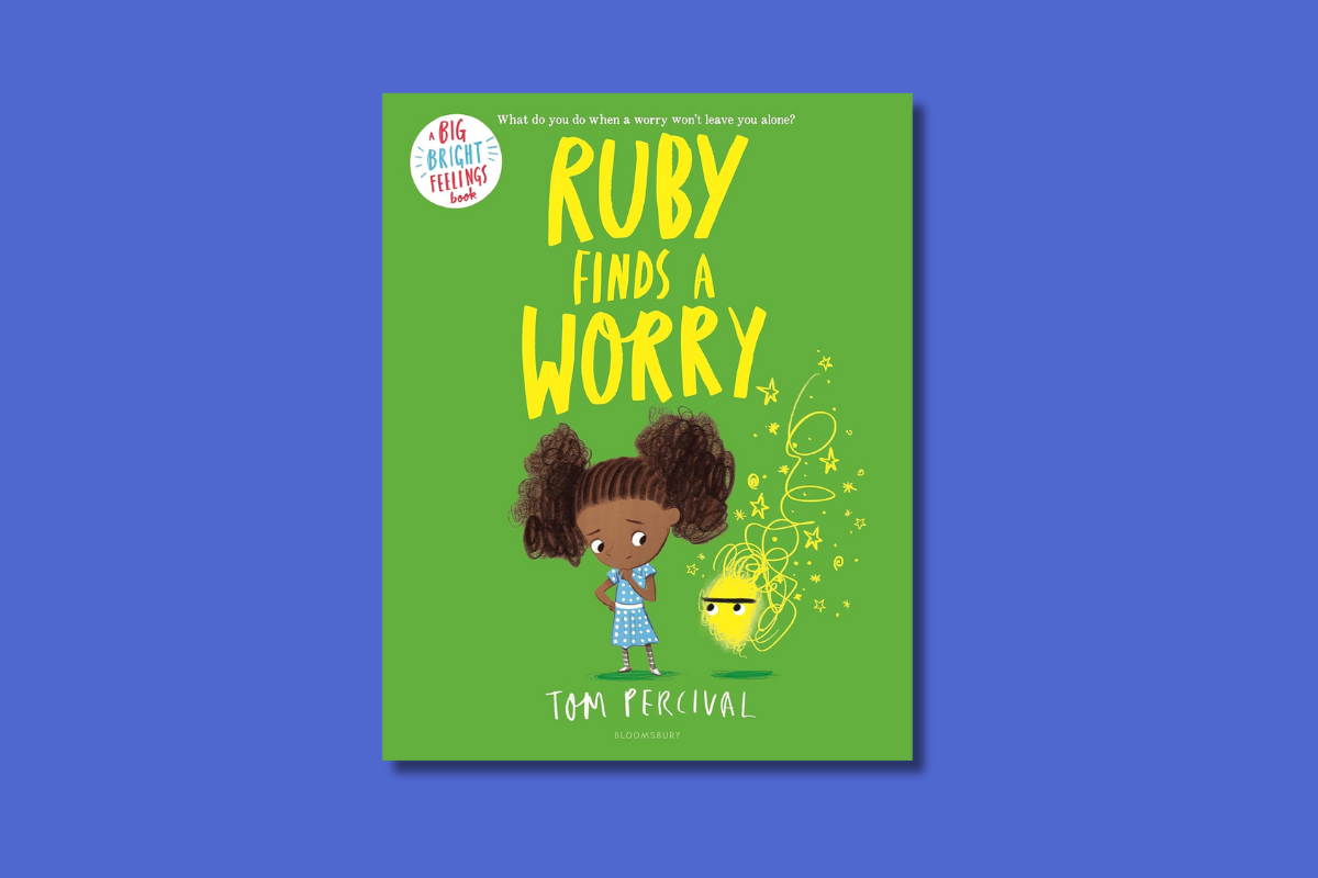 Cover of the children's book ""Ruby Finds a Worry"" by Tom Percival, showing Ruby and a yellow scribble-like worry.