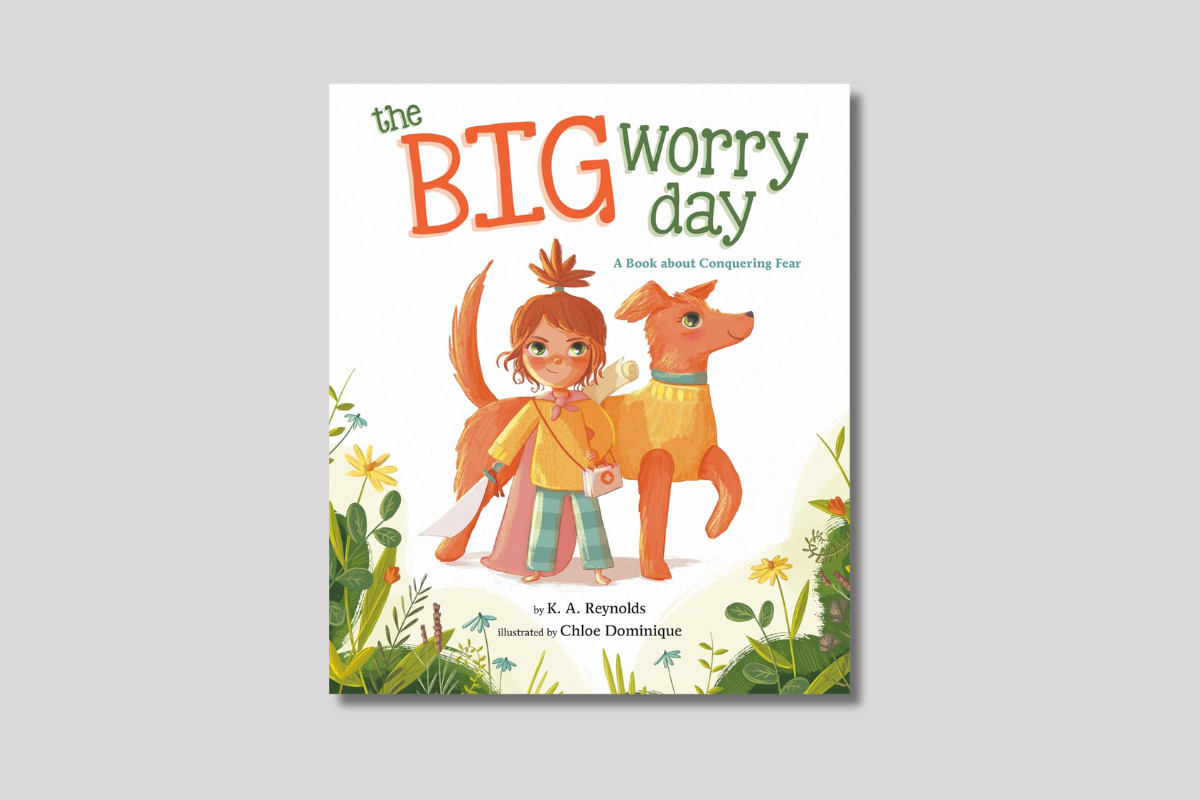 Cover of "The Big Worry Day" by K.A. Reynolds, showing a girl with a cape and dog ready for adventure amid colorful plants.