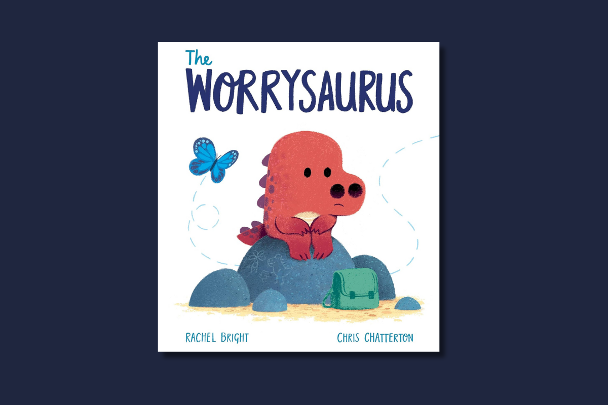 Cover of "The Worrysaurus" by Rachel Bright, showing a worried red dinosaur sitting on a rock with a green backpack and a butterfly.