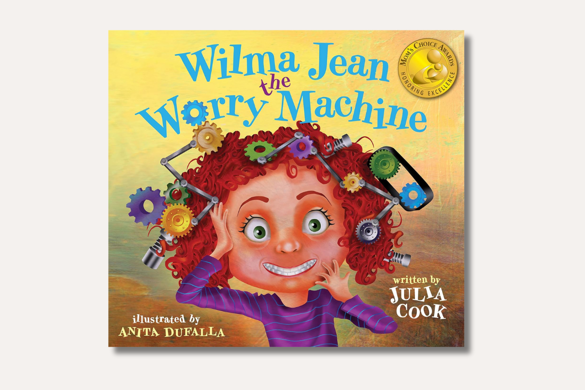 Cover of "Wilma Jean the Worry Machine" by Julia Cook, showing a girl with gears on her head and a worried expression.
