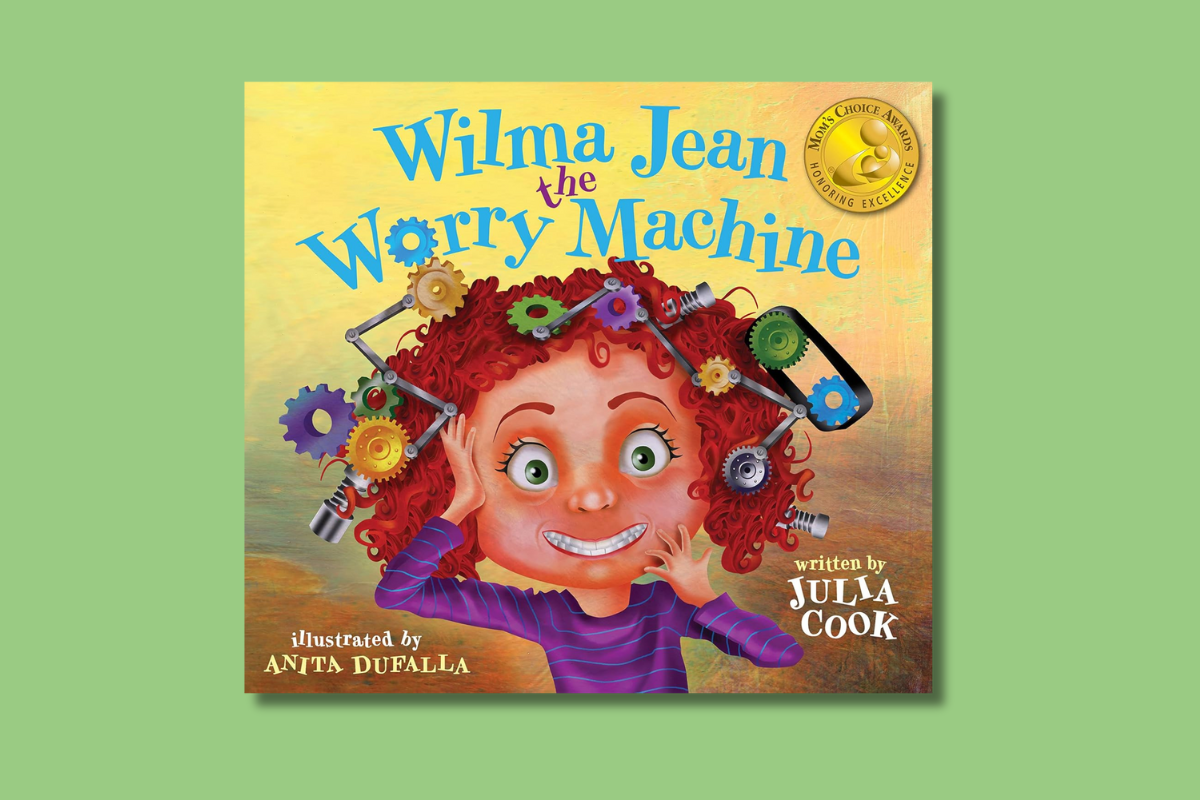 Cover of "Wilma Jean the Worry Machine" by Julia Cook, showing a girl with gears on her head and a worried expression.