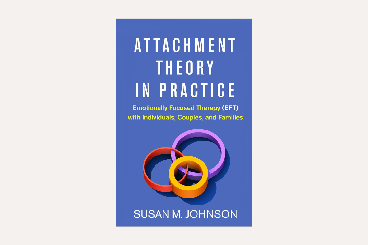 Book cover of ‘Attachment Theory in Practice’ by Susan M. Johnson — blue background with interlocking rings representing emotional connection in relationships and therapy