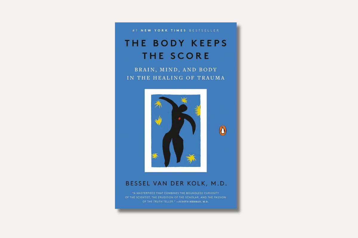 Book cover of ‘The Body Keeps the Score’ by Bessel van der Kolk, M.D. — blue cover with abstract art illustrating the connection between trauma, brain, and body healing