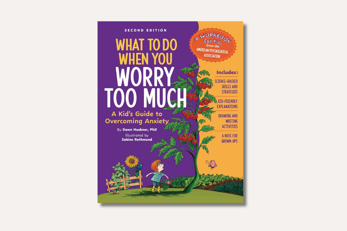 Book cover of "What to Do When You Worry Too Much" by Dawn Huebner, showing a cartoon child in a garden looking up at a tall tomato plant with bright purple and orange colors.