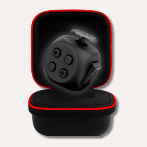 Black fidget cube with multiple tactile buttons and switches for stress and focus support