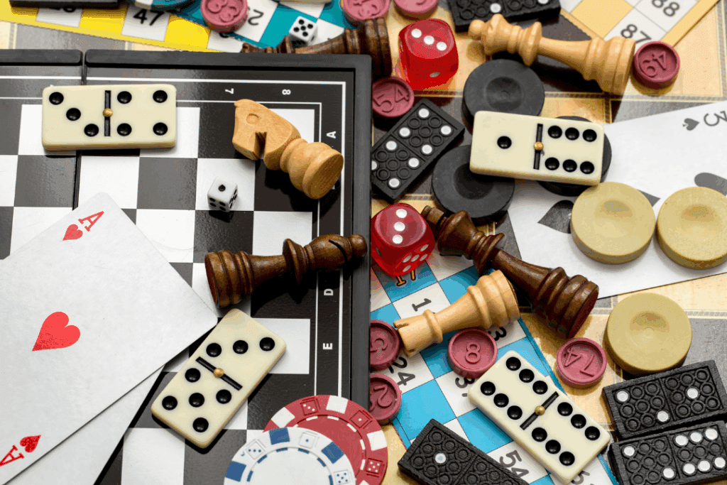 A picture of different kind of board games.